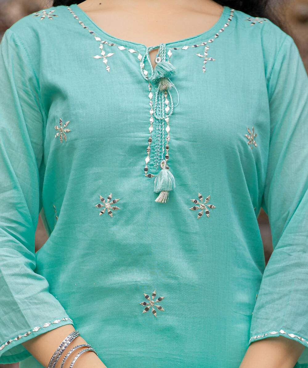 Kaajh Women's Sky Blue Mirror Embellished Cotton Suit Set