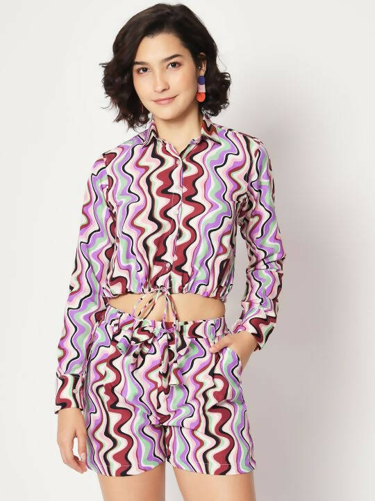 Purple Crepe Chevron Printed Top with Matching Shorts Set - Shivani