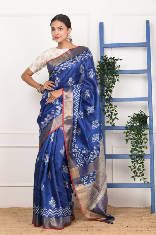 Very Much Indian Handloom Pure Tussar Silk Saree With Floral Prints - Blue - Grab2buy