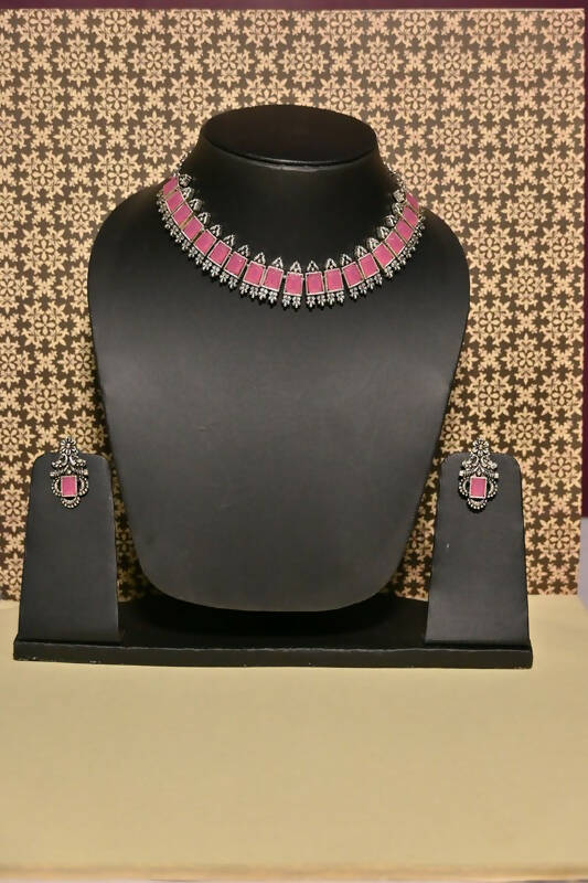 Artificial Stone Studded Oxidized Necklace Pink Jewellery set with 1 Pair of Earrings By House of Ree - Grab2buy