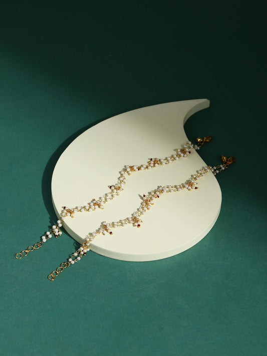 Gold-Plated White Kundan Studded Beaded Anklet - Ruby Raang - Grab2buy