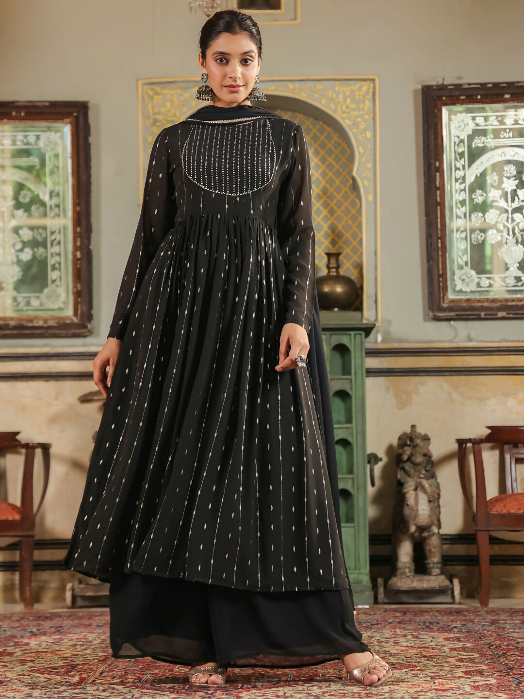 Janasya Black Georgette Foil Print Kurta,Bottom & Dupatta 