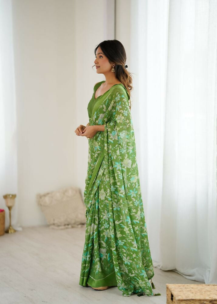 PR Fashion Green Bright Moss Satin Patta Printed Saree