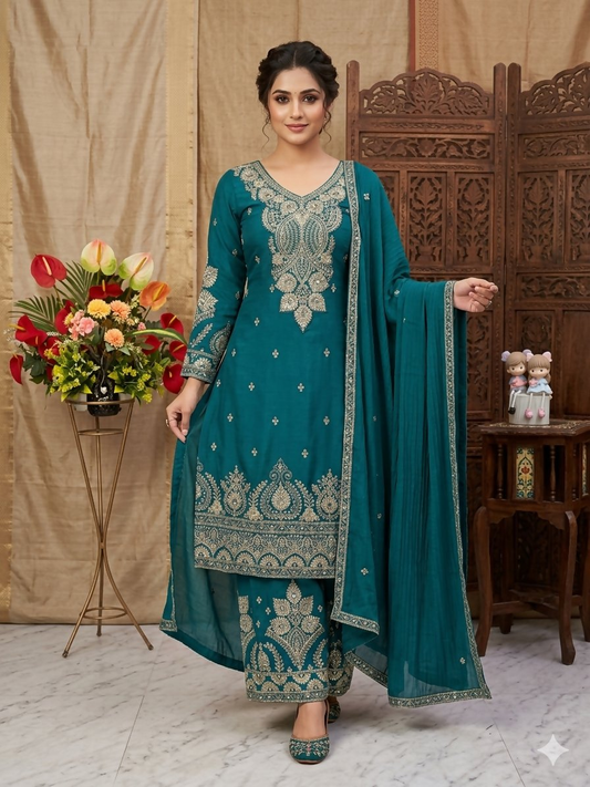 Teeya Creation Womens New Wedding Wear Heavy Embroidery Thread Work Teal Kurta Set