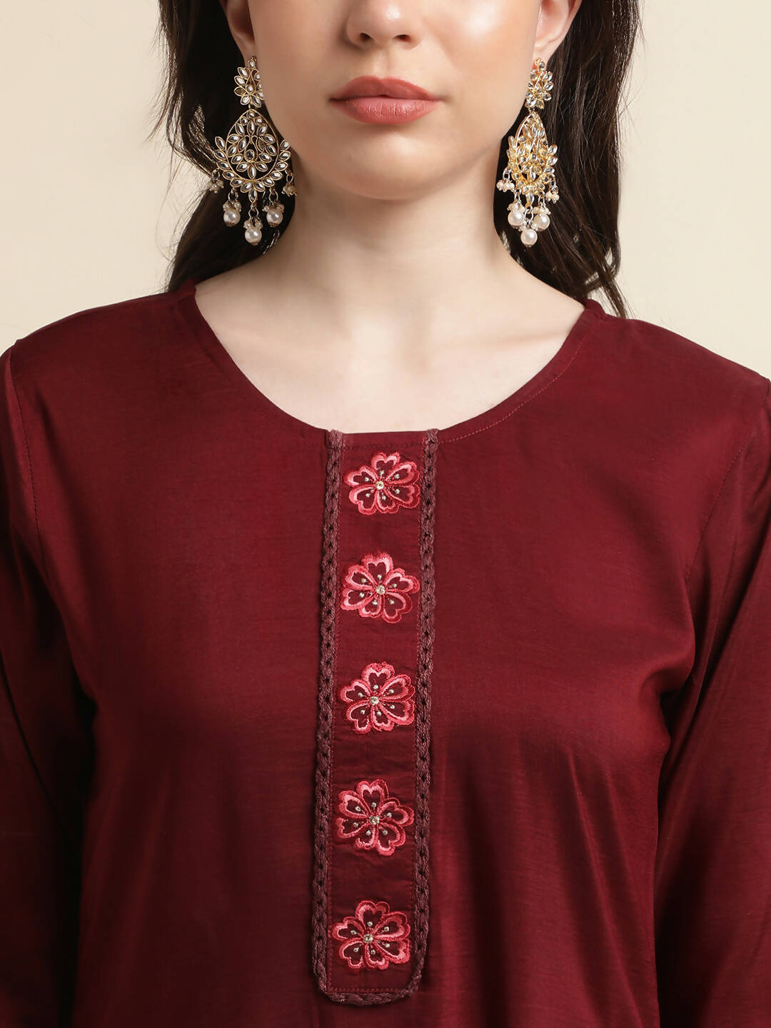 Maroon Chinon Silk Embroidered Straight Kurta with Trouser & Dupatta - Salimar