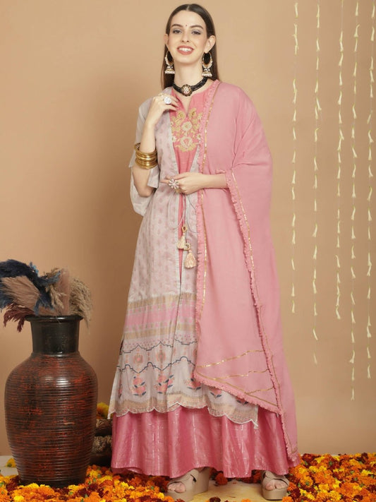 Aastha Fashion Women's Grey Chanderi Silk Elegant Jardoshi Semi Kurta with Trouser & Dupatta - Grab2buy