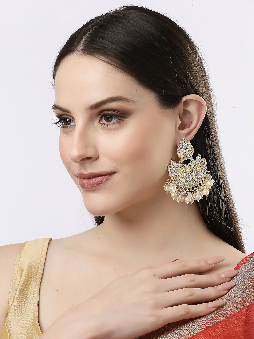NVR Women Gold-Polished Kundan Chandbali Earrings 