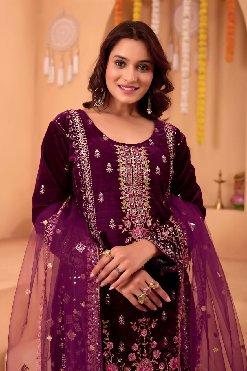 Joban Fashion Purple Velvet Embroidery Sequence Work Readymade Kurta Set