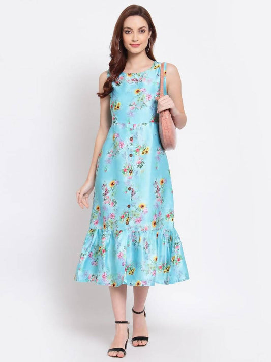 Myshka Women's Green Printed Cotton Blend Sleeveless Round Neck Casual Dress