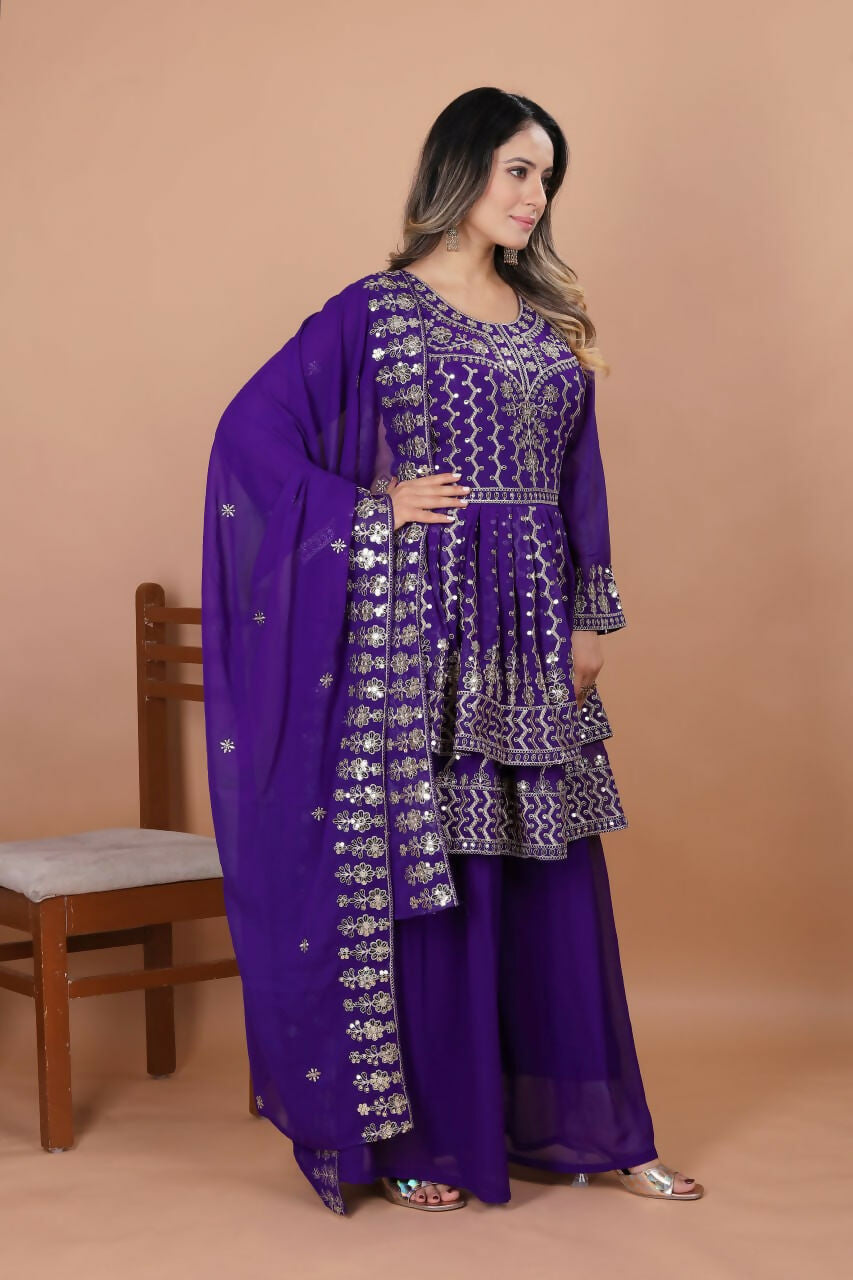 Teeya Creation Purple Color Faux Georgette Embroidery Work Wedding Wear Palazzo Set