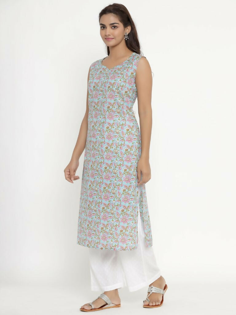Miravan Women's Pure Cotton Floral Printed Sleeveless Straight Kurta
