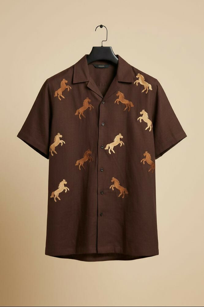 Galloping — Brown Horse Embroidered Cotton Shirt by Hilo Design