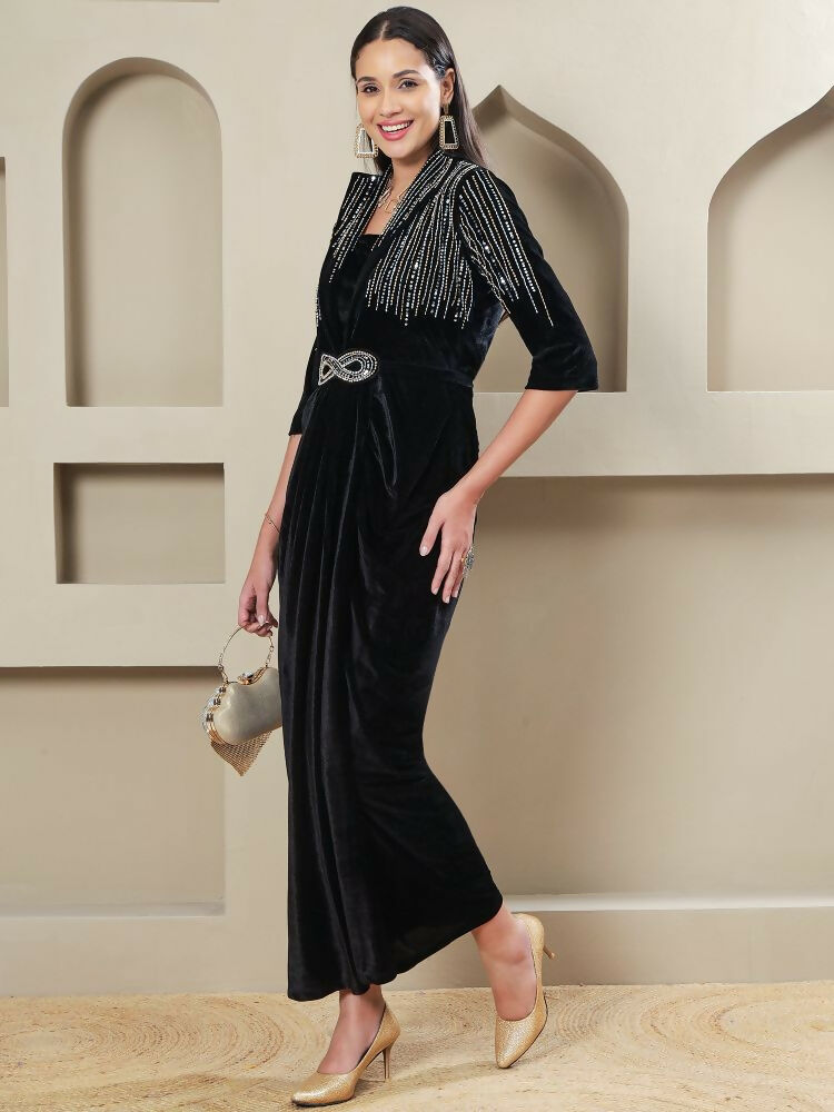 Joban Fashion Women Black Velvet Hand Embellishment Stitched Dress