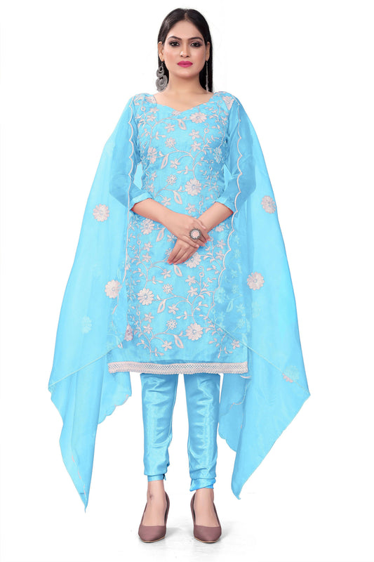 Sky Blue Organza Silk Embroidered Work Unstitched Dress Material - Tanvi
