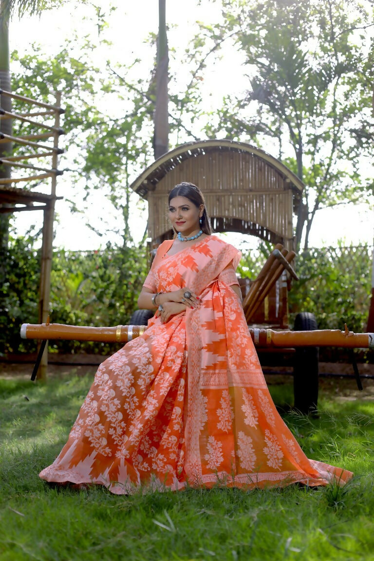 Partywear Designer Orange Jamdani contton Fancy Saree - Starwalk