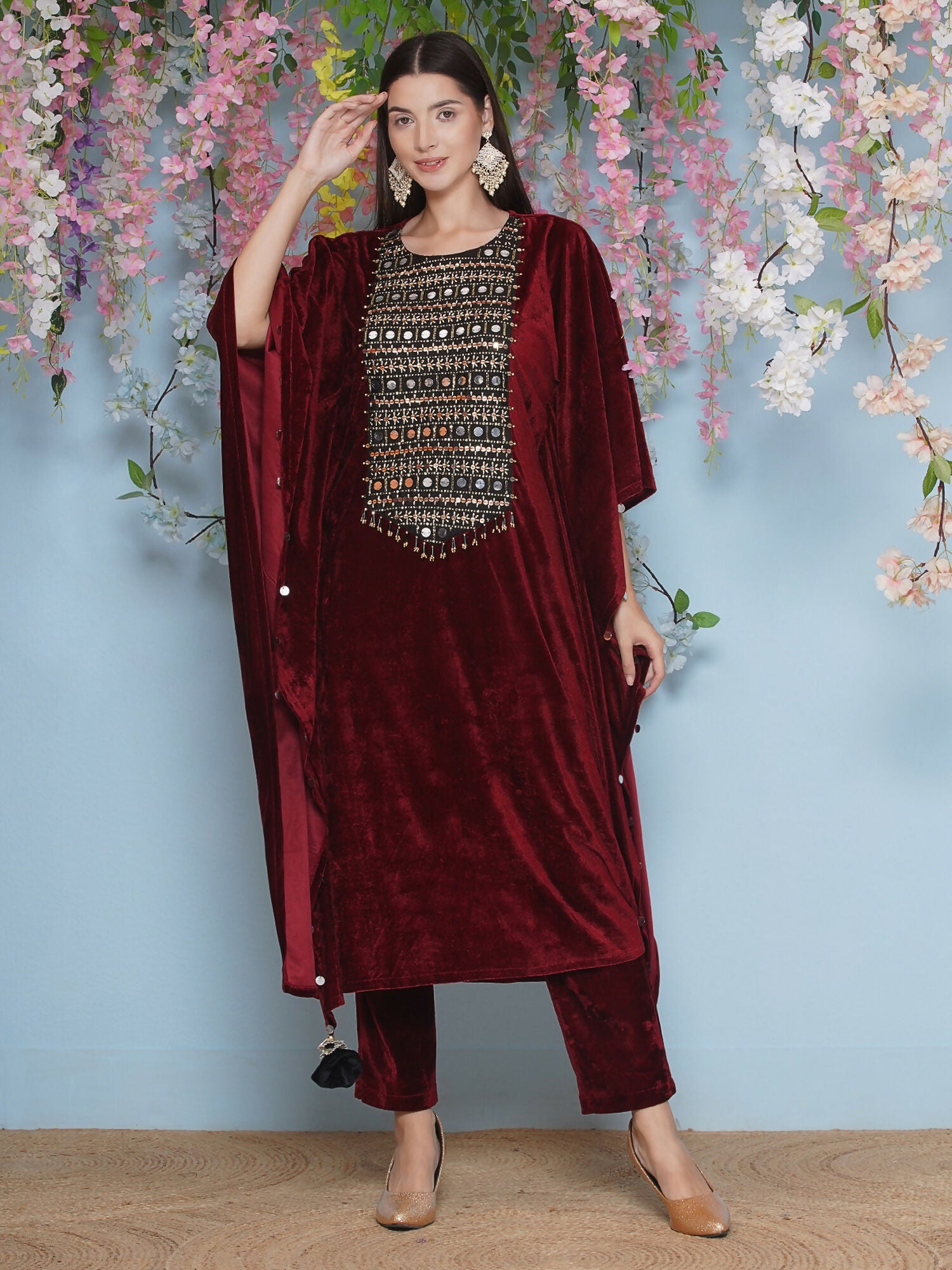 Joban Fashion Maroon Velvet Hand Embellished Kaftaan Set