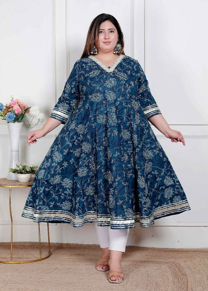 Miravan Plus Size Women'S Blue Cotton Embroidered Neck Anarkali Kurta