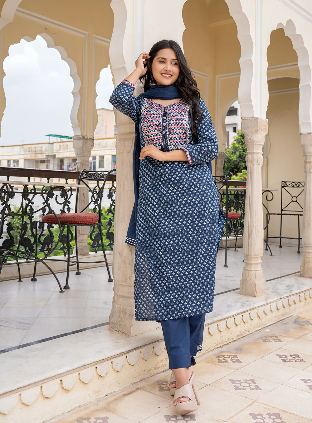 Kaajh Women's Blue Embroidered Cotton Suit Set