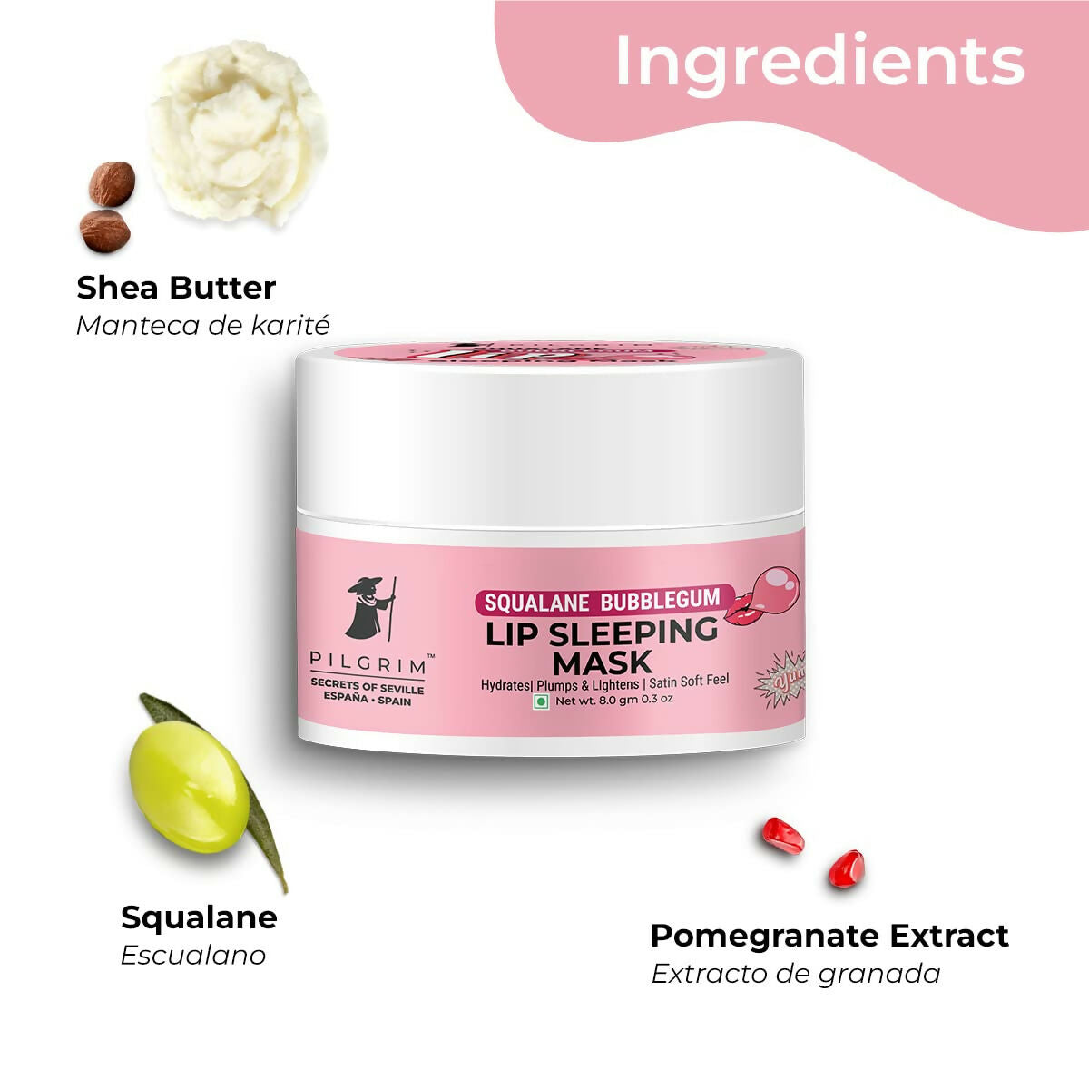 Pilgrim Spanish Lip Sleeping Mask (Bubblegum) with Shea Butter & Pomegranate For Hydrated & Soft Lips 