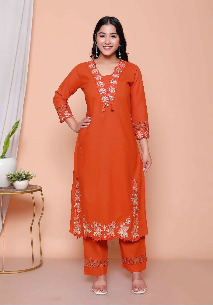Miravan Womens Embroidered Cotton Kurta With Palazzo & Dupatta Set