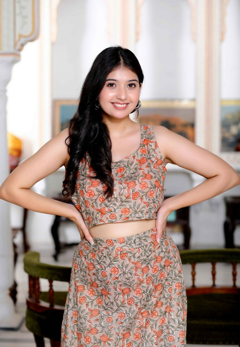 Miravan Women's Brown Floral Printed Crop Top And Skirt Co-Ord Set 