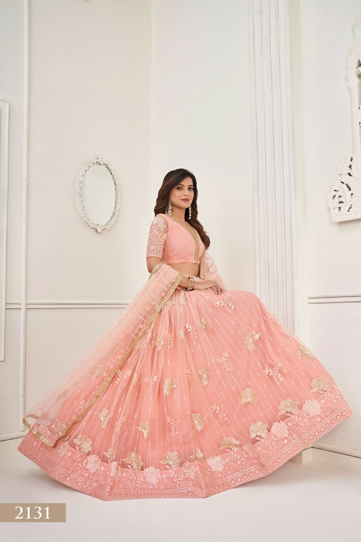 Eilara Women'S Peach Butterfly Net With Sequins And Embroidery Work Lehenga Choli For Party Wear