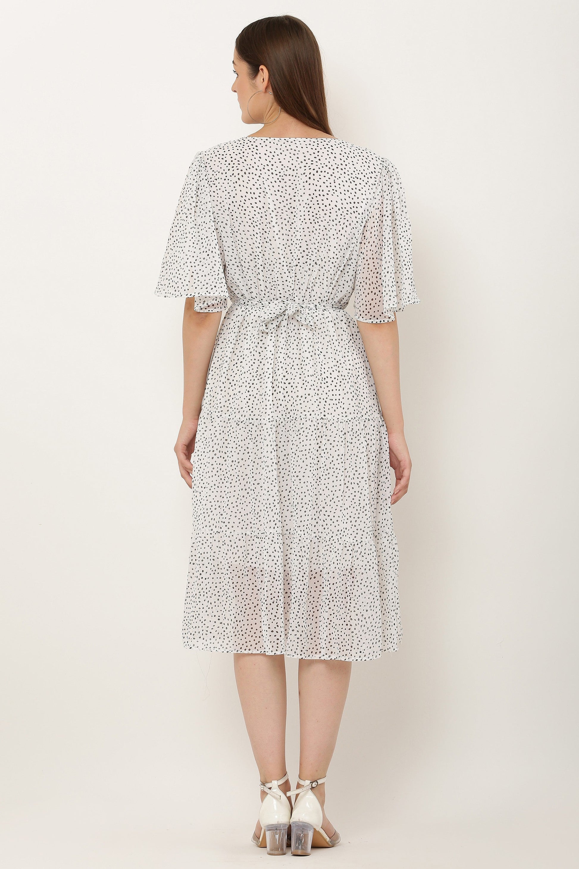 PAVONINE Micro Dots V-Neck Georgette Fabric White Dress For Women