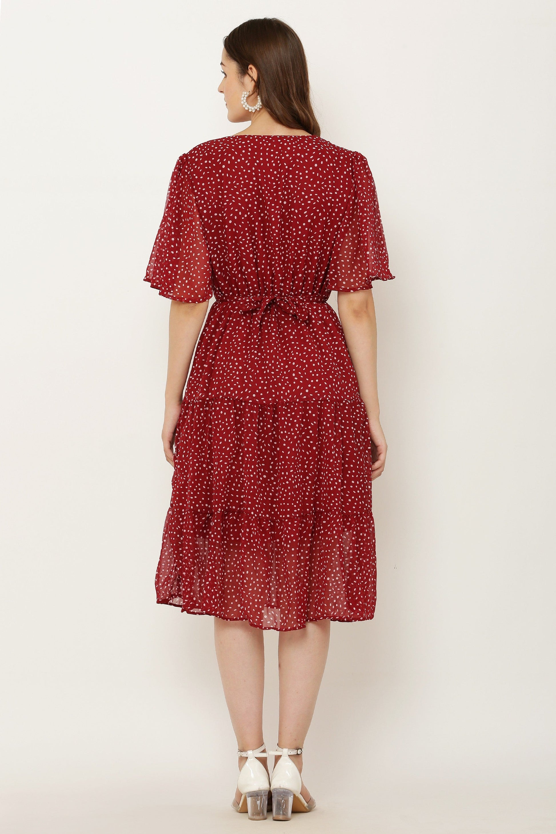 PAVONINE Micro Dots V-Neck Georgette Fabric Maroon Dress For Women