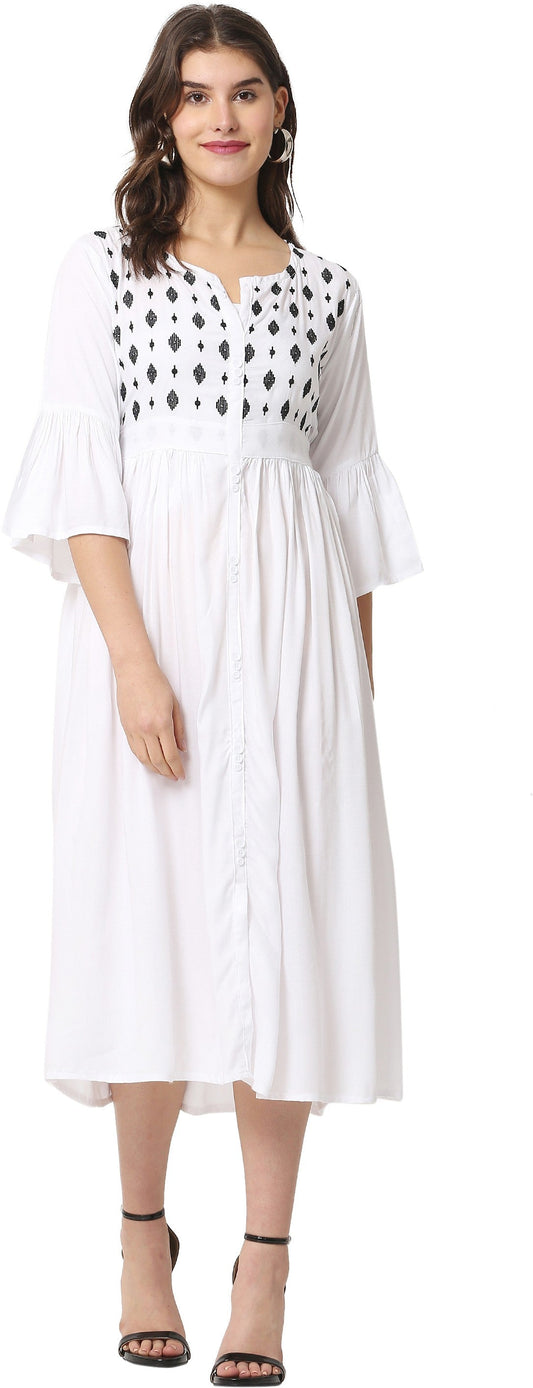 PAVONINE White Color Embroidery Work With Button Dress For Women