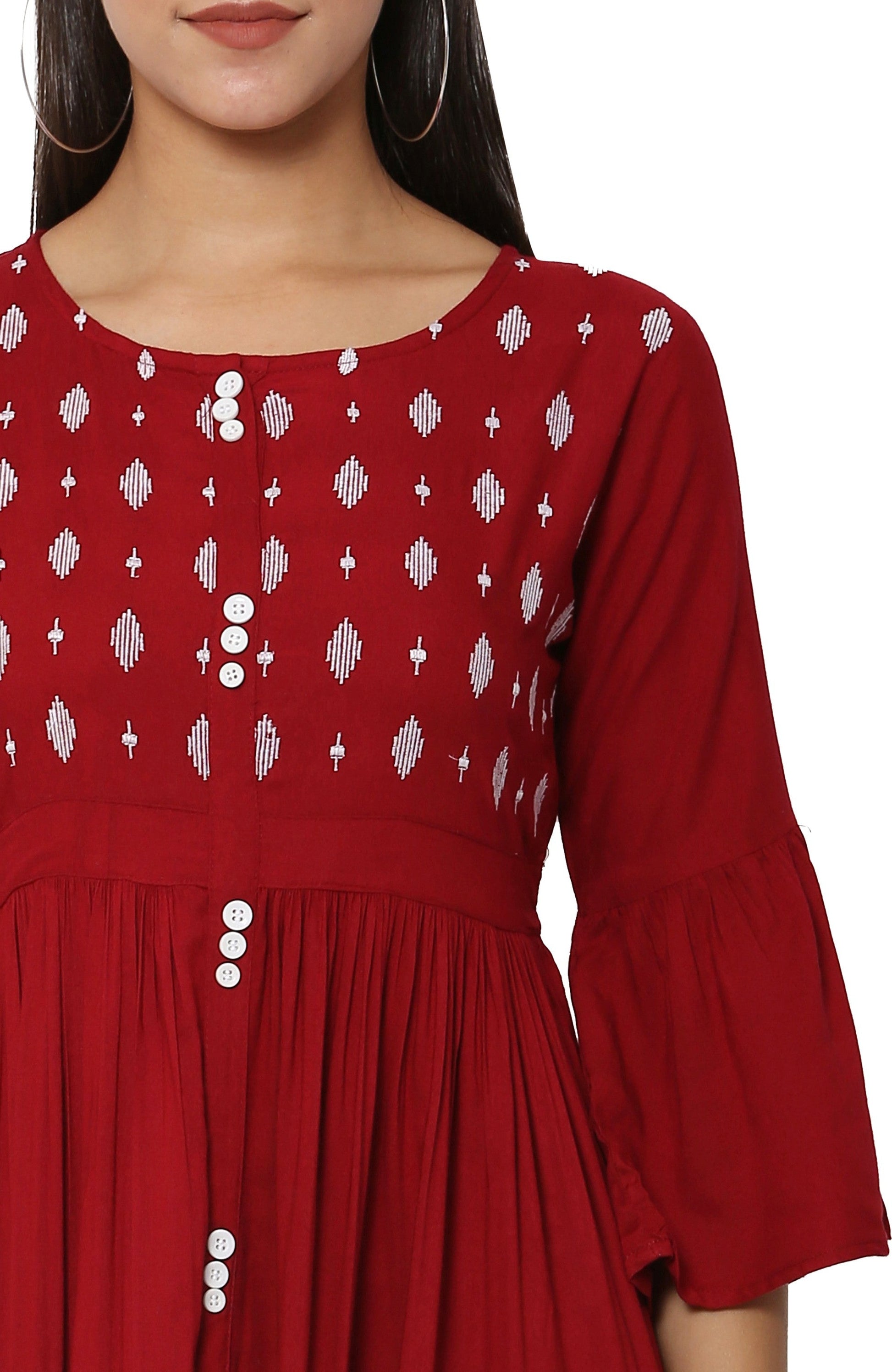 PAVONINE Wine Color Embroidery Work With Button Dress For Women