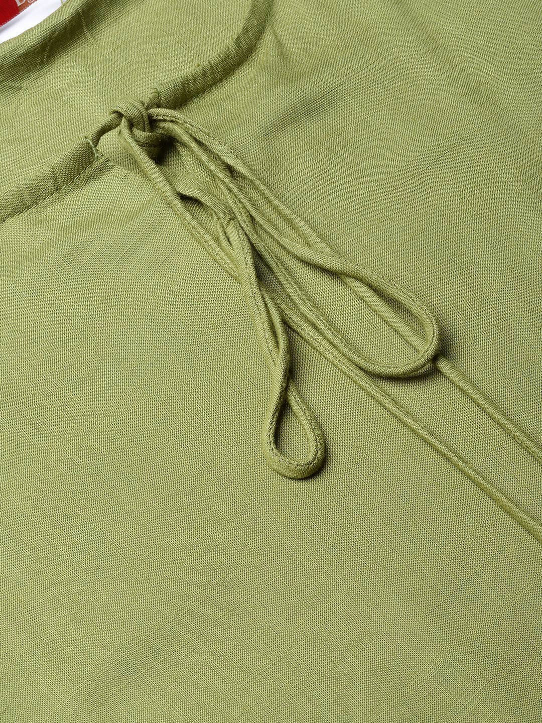 Juniper Olive Rayon Slub Solid Asymmetric Kurta with Tie-up Dori & Tassels