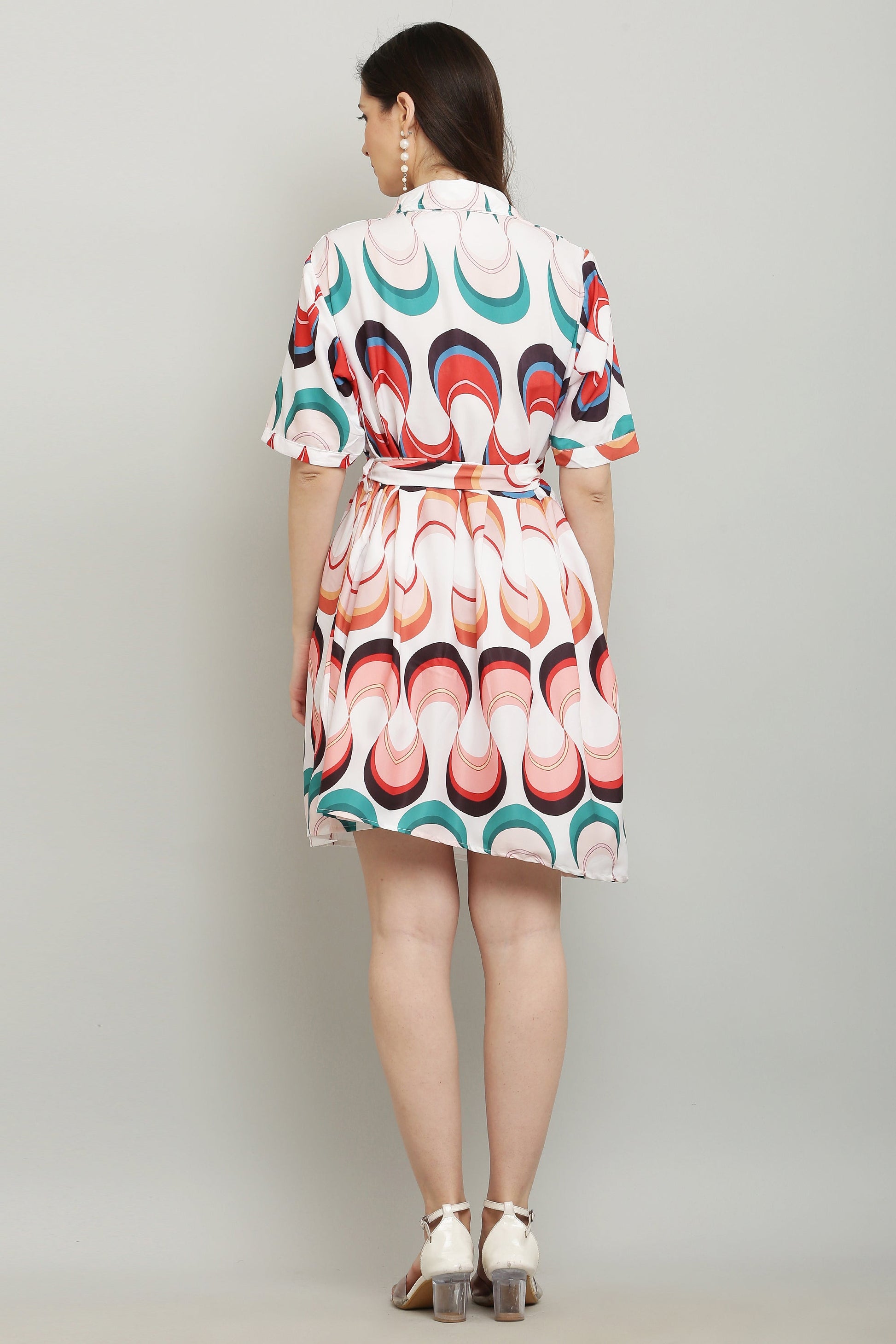 PAVONINE Zig-Zag Multi-Colors Printed Crepe Fabric White Dress For Women