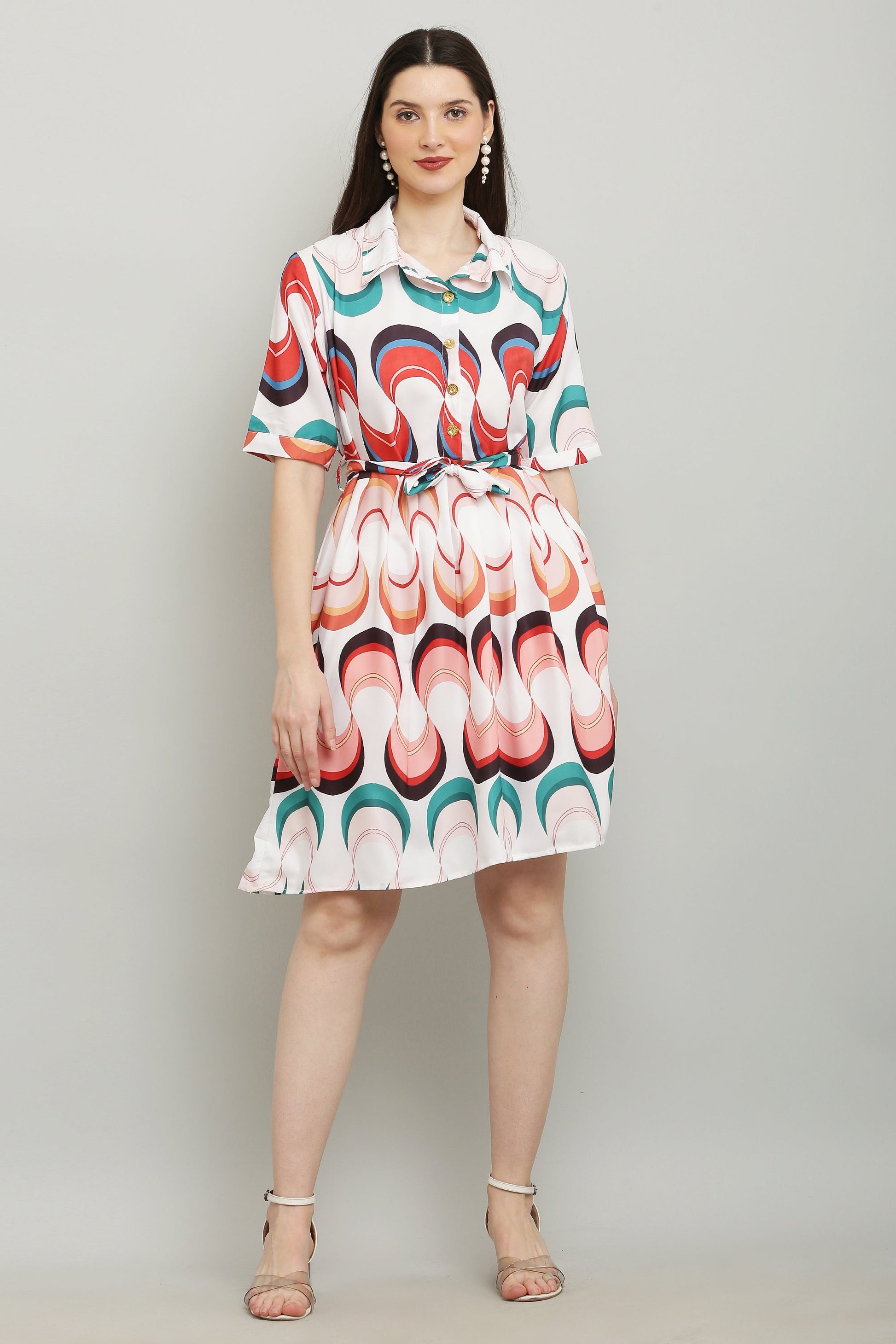 PAVONINE Zig-Zag Multi-Colors Printed Crepe Fabric White Dress For Women