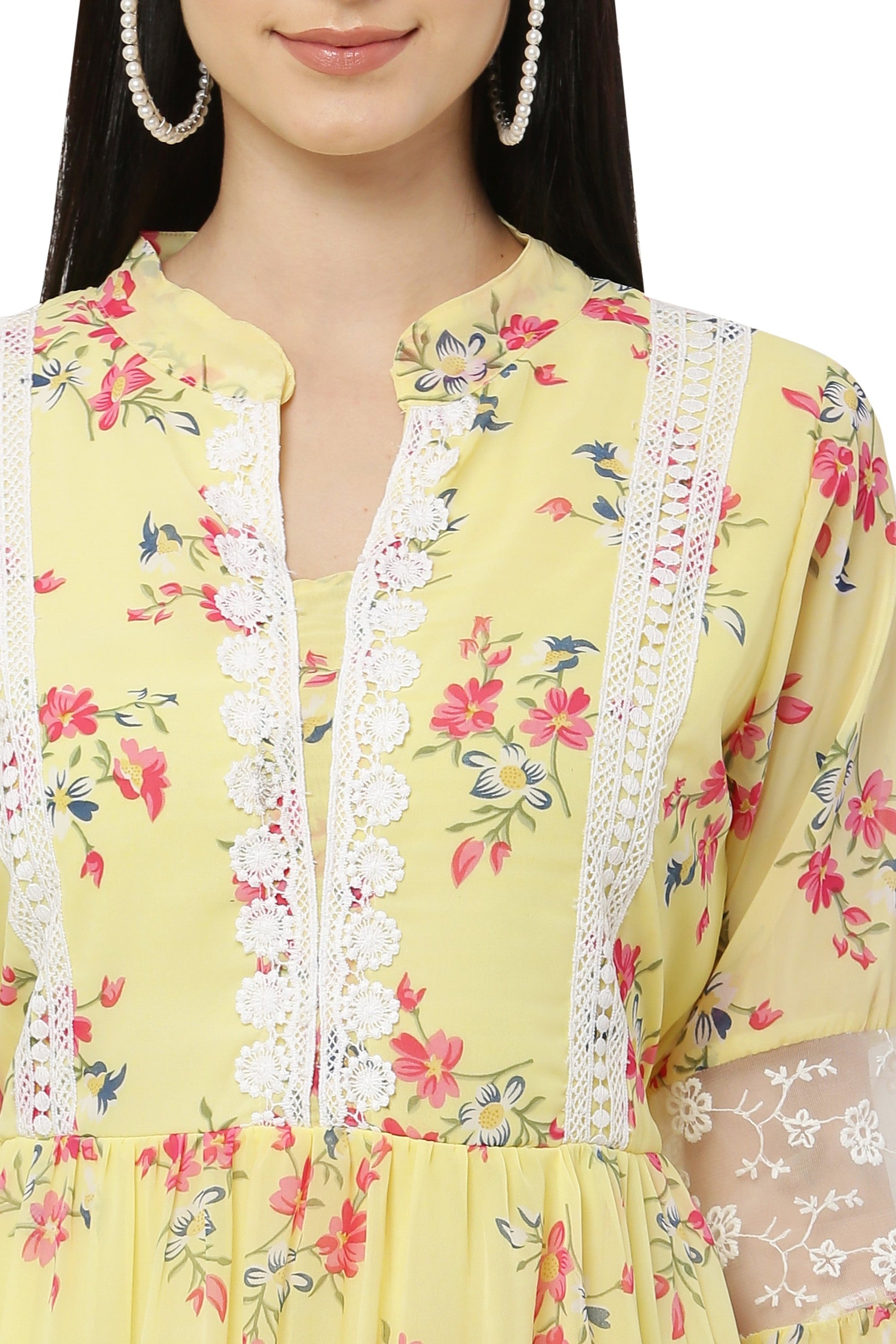 PAVONINE Yellow Color Flower Printed Lace Bottom Dress For Girls & Women