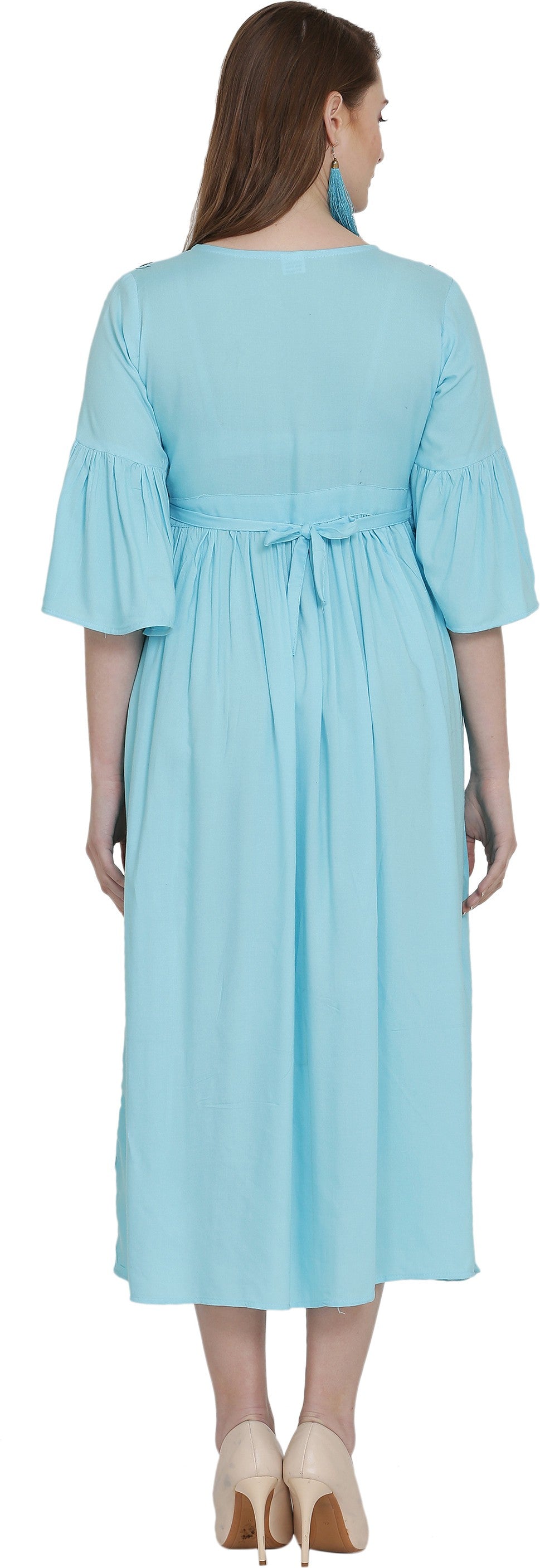 PAVONINE Firozi Color Embroidery Work With Button Dress For Women