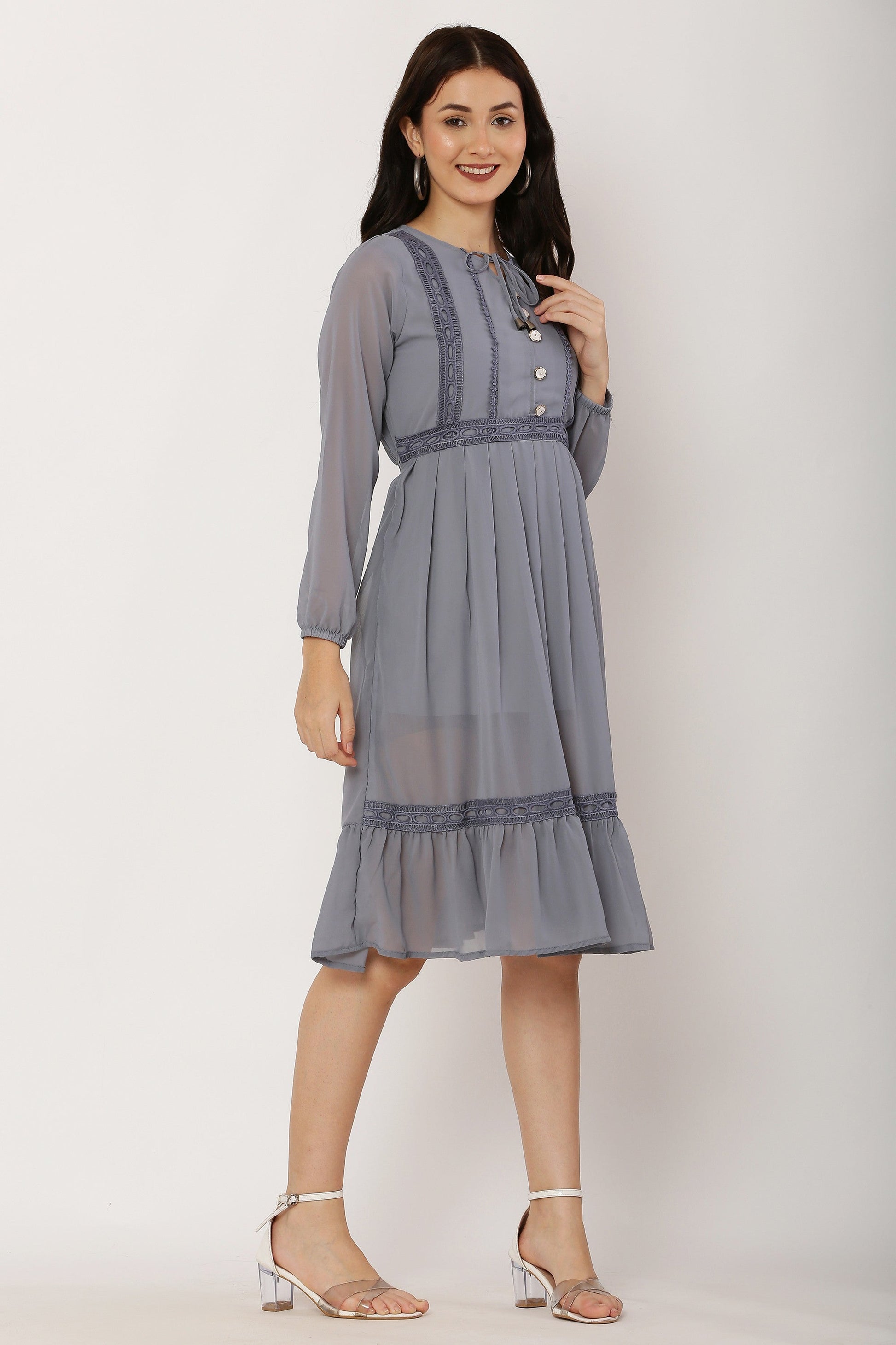 PAVONINE Grey Color Georgette Fabric Lace Inserts Dress For Girls