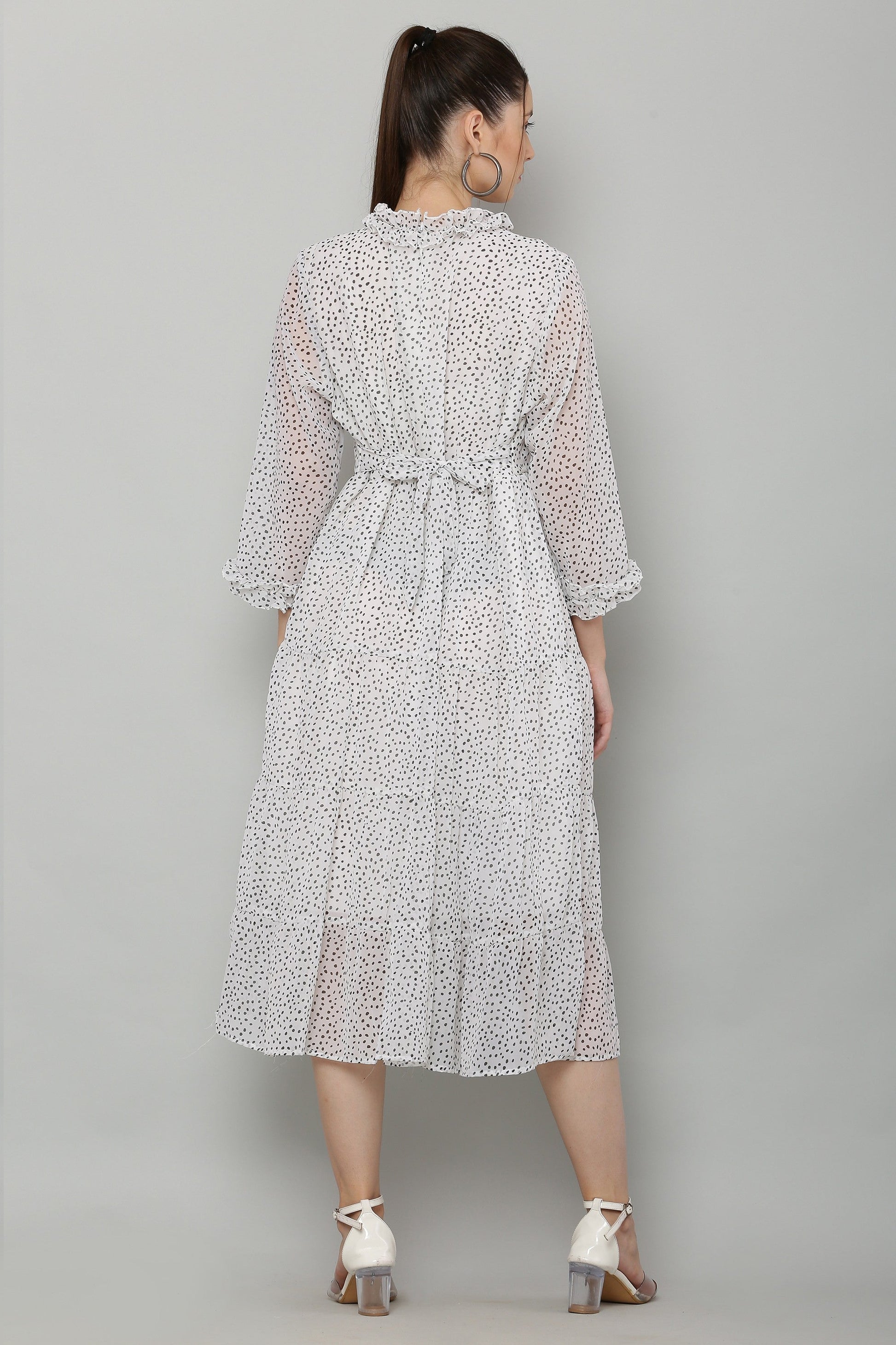 PAVONINE Micro Dots Frill-Neck Georgette Fabric White Dress For Women