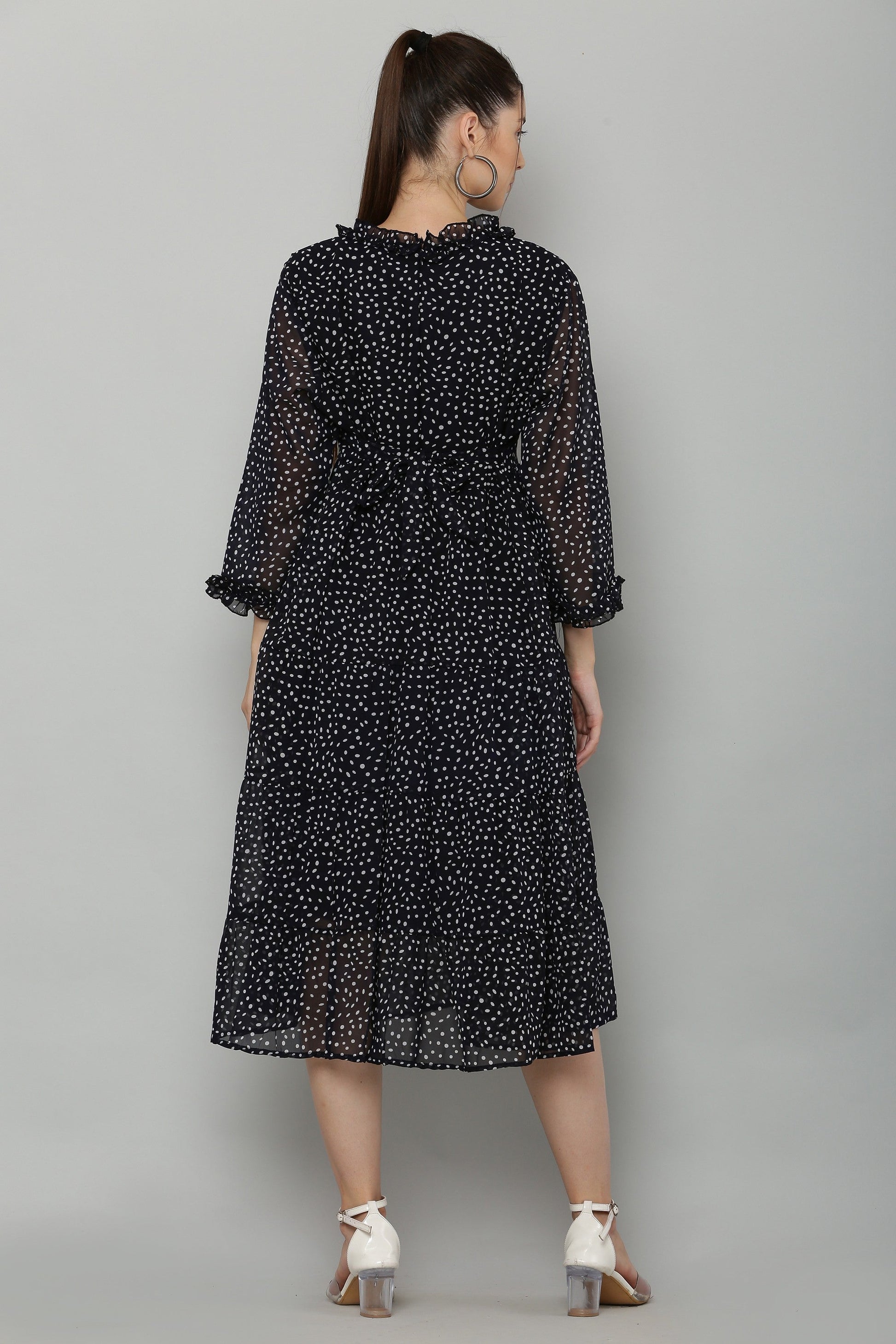 PAVONINE Micro Dots Frill-Neck Georgette Fabric Navy Blue Dress For Women