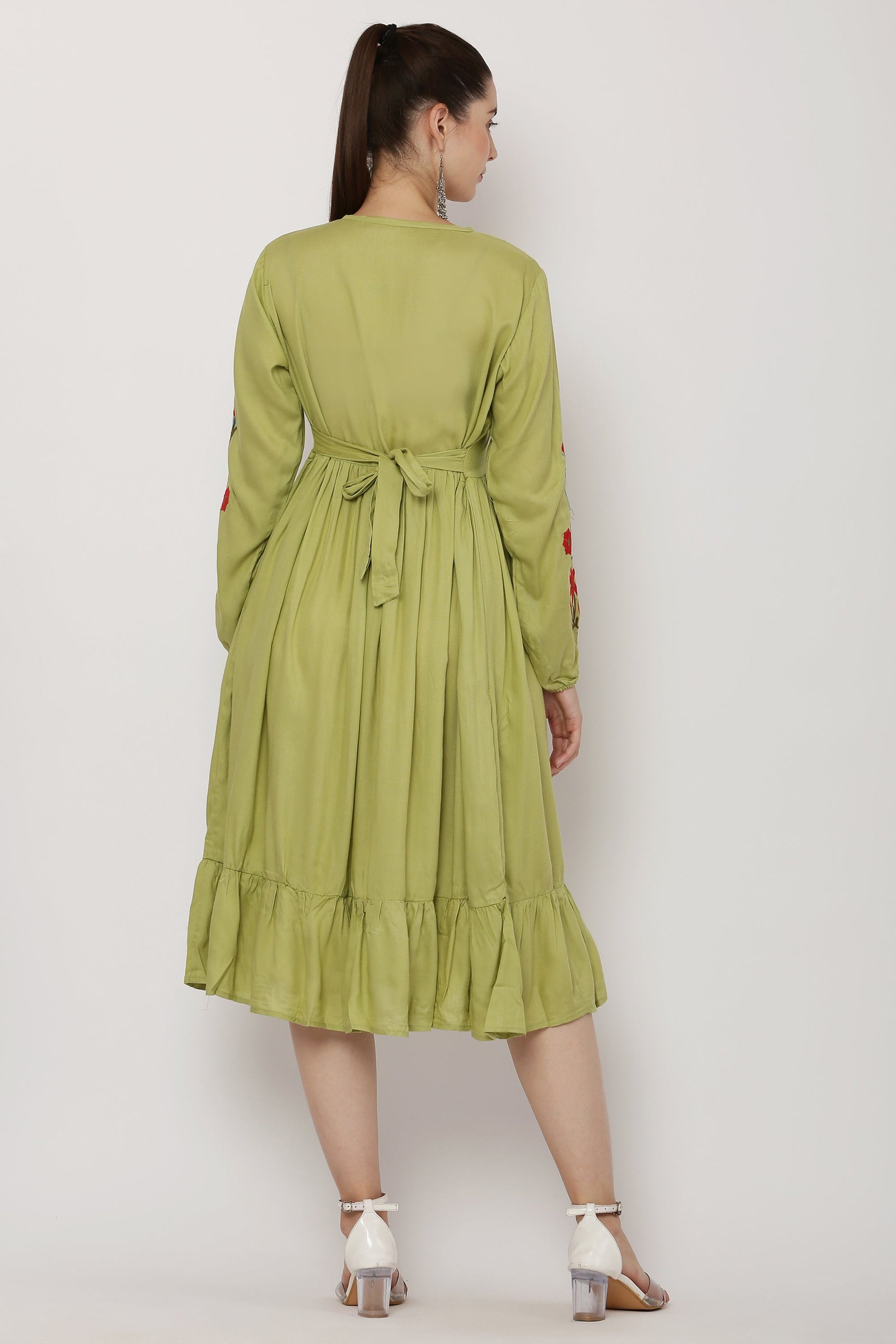 PAVONINE Pista Color Flower Embroidery Dress For Women