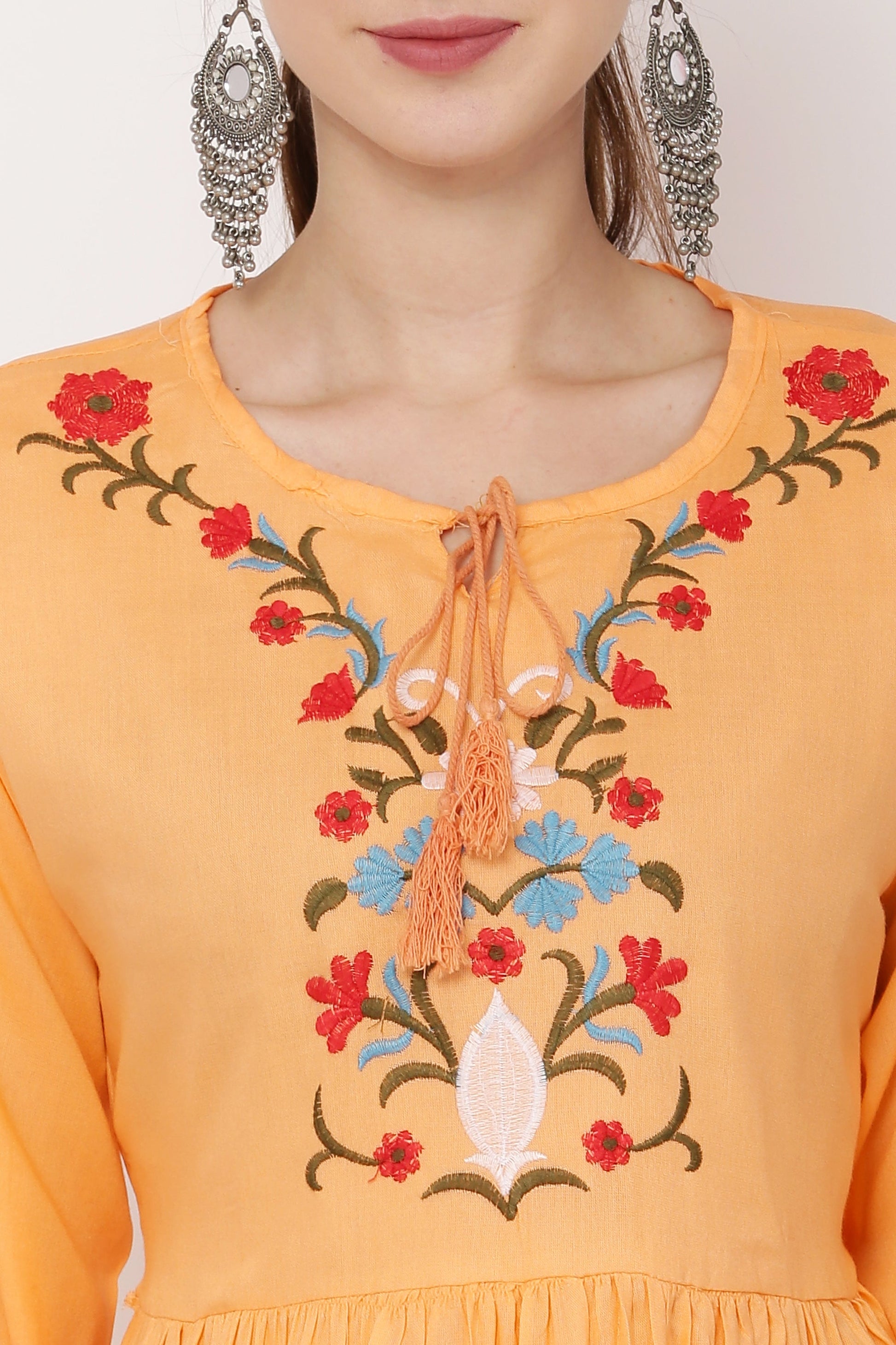 PAVONINE Peach Color Flower Embroidery Dress For Women