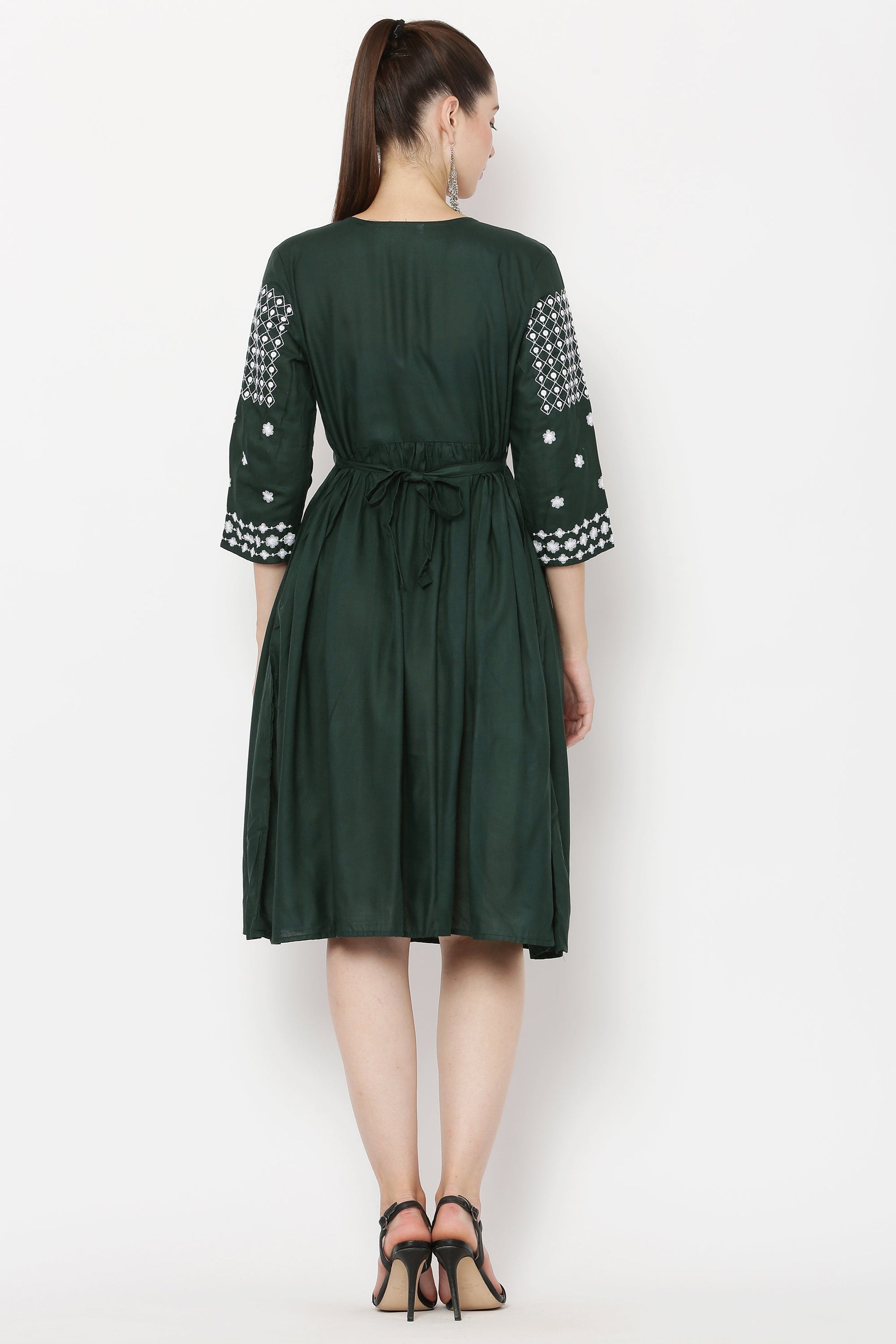 PAVONINE Bottle Green Color Polka Dots Embroidery Dress For Women