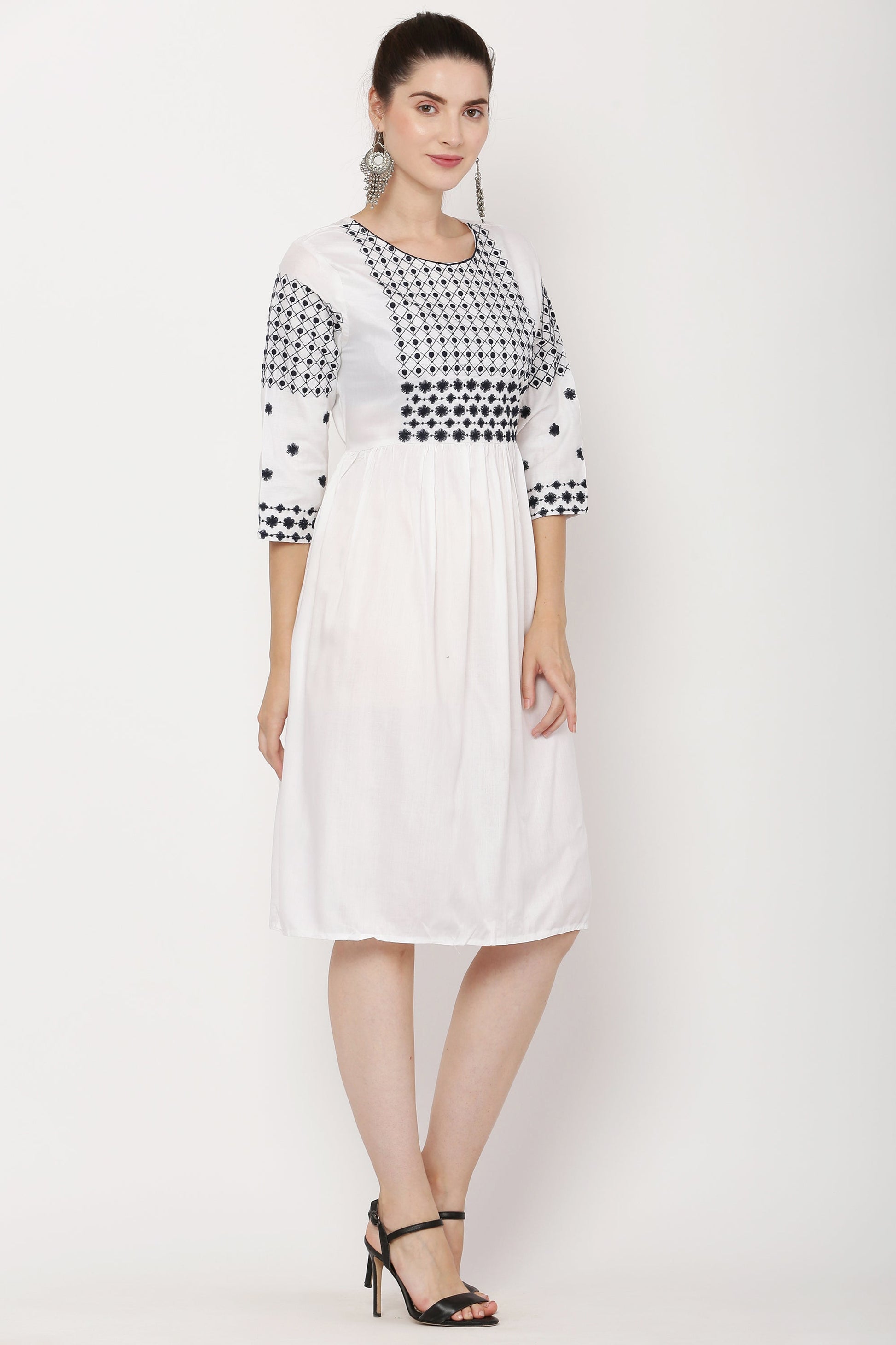 PAVONINE White Color Polka Dots Embroidery Dress For Women