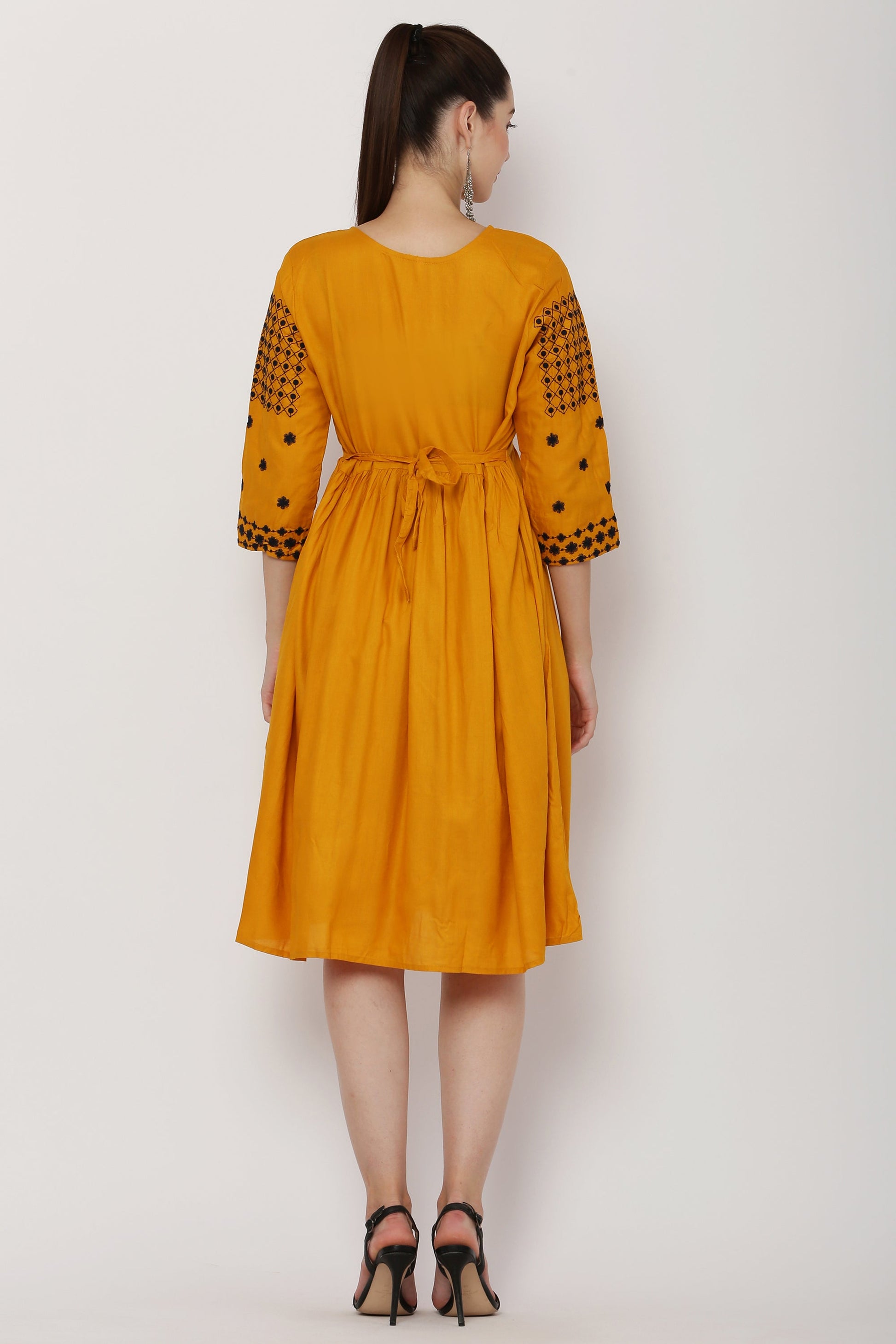 PAVONINE Mustard Color Polka Dots Embroidery Dress For Women