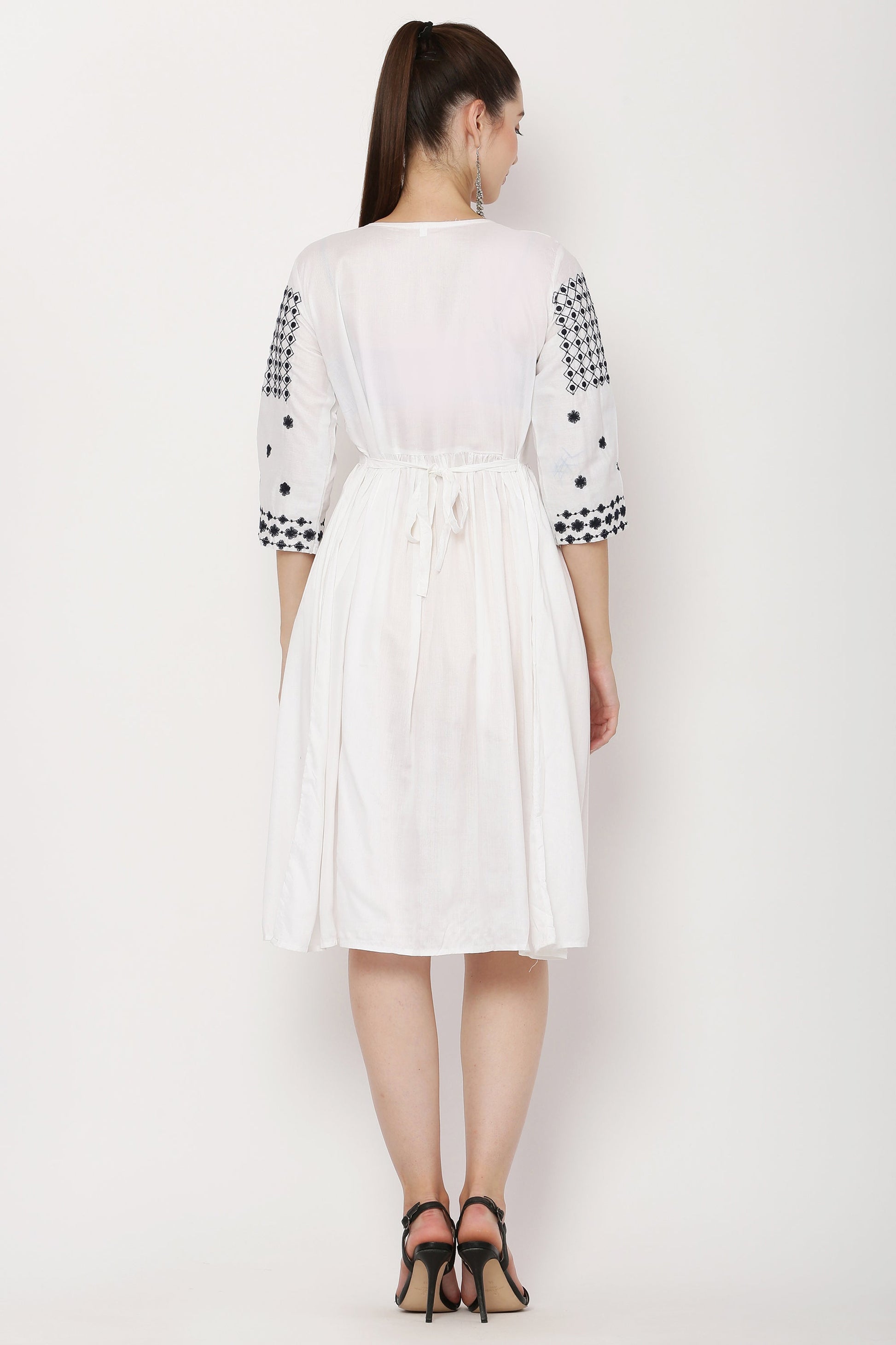 PAVONINE White Color Polka Dots Embroidery Dress For Women