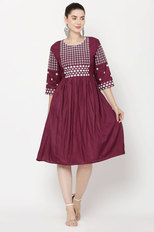 PAVONINE Wine Color Polka Dots Embroidery Dress For Women