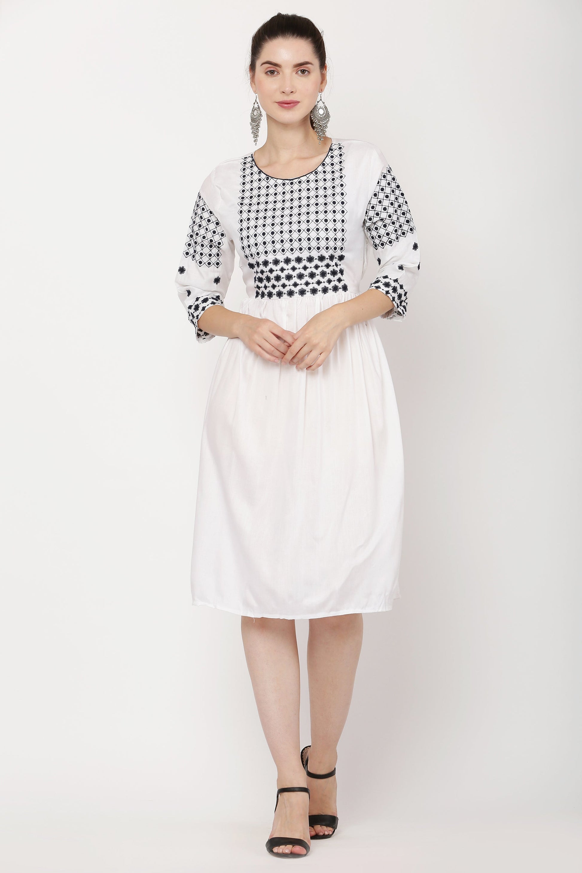 PAVONINE White Color Polka Dots Embroidery Dress For Women
