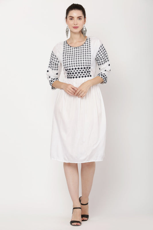 PAVONINE White Color Polka Dots Embroidery Dress For Women