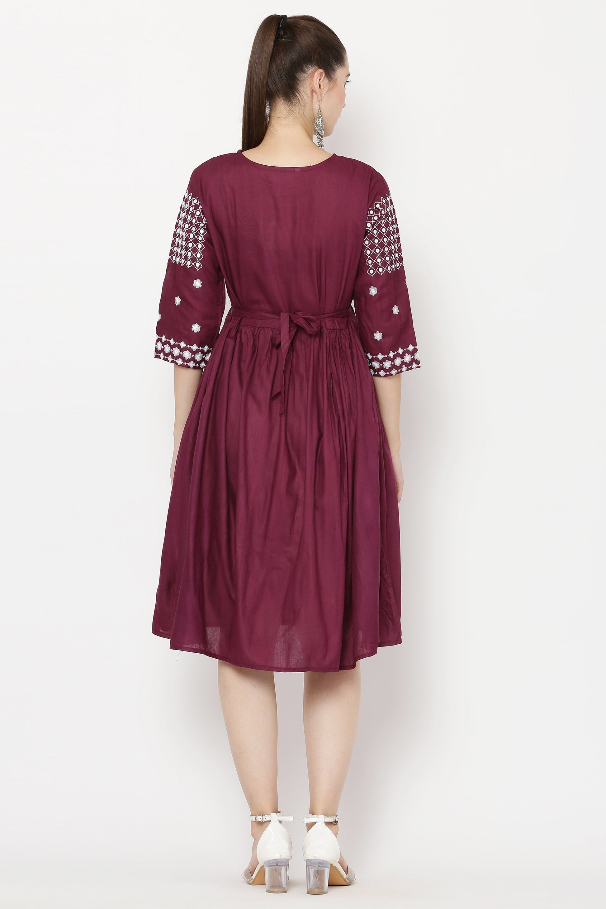 PAVONINE Wine Color Polka Dots Embroidery Dress For Women
