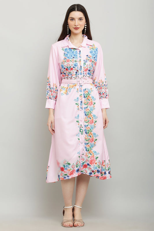PAVONINE Cat Flower Digital Print Pink Color A-Line Dress For Women
