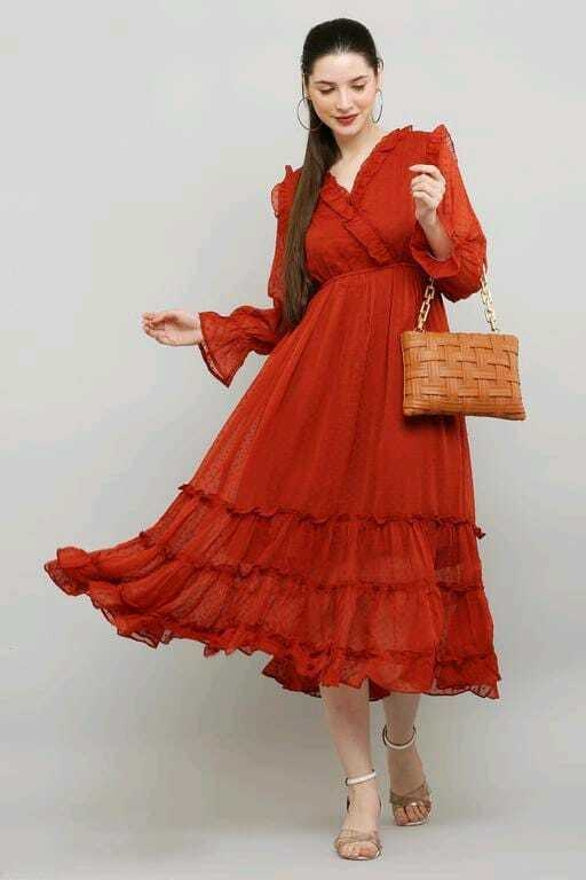 PAVONINE Buta-Design With V-Neck Red Dress For Girls & Women